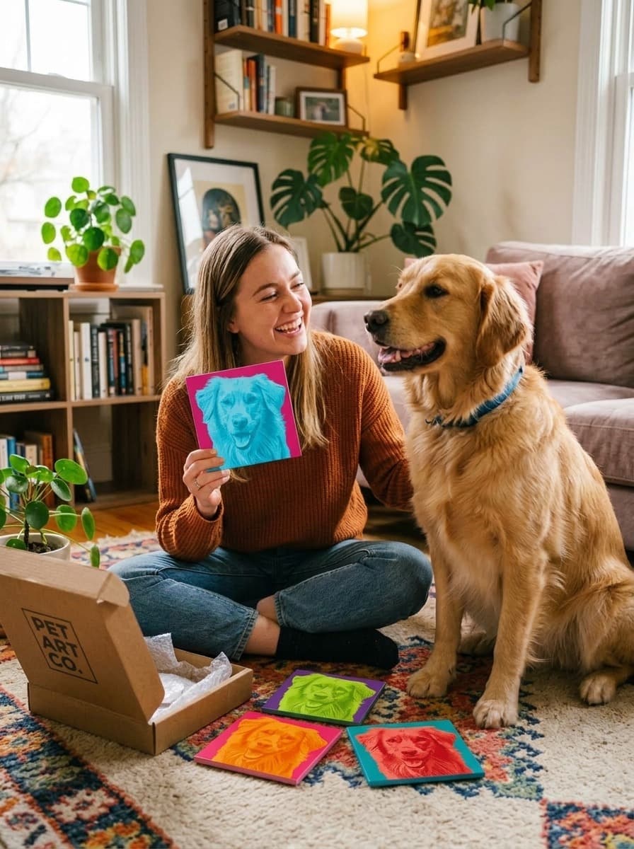Person happily holding up an 8x8 pop art metal tile next to their dog