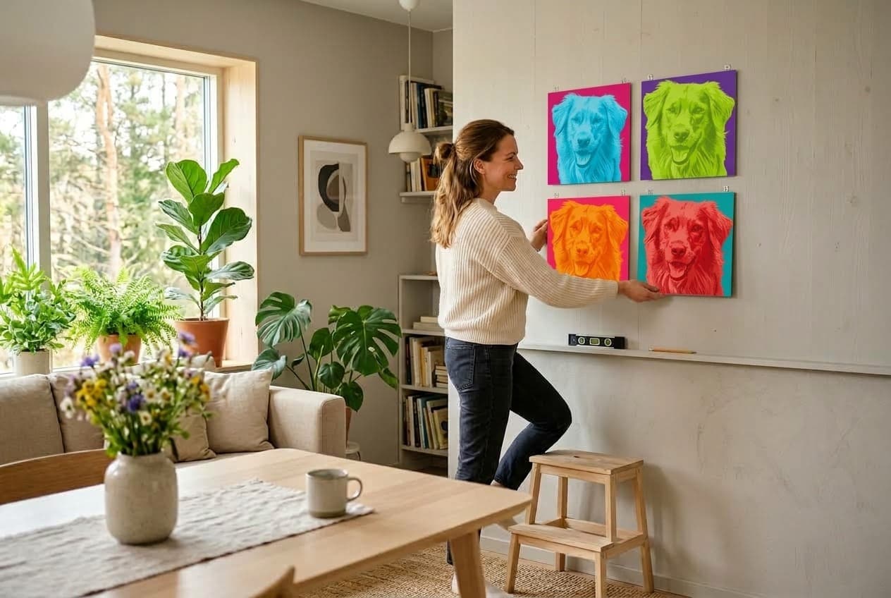Hands hanging a set of four vibrant Pop Art metal pet portrait tiles in a bright modern room