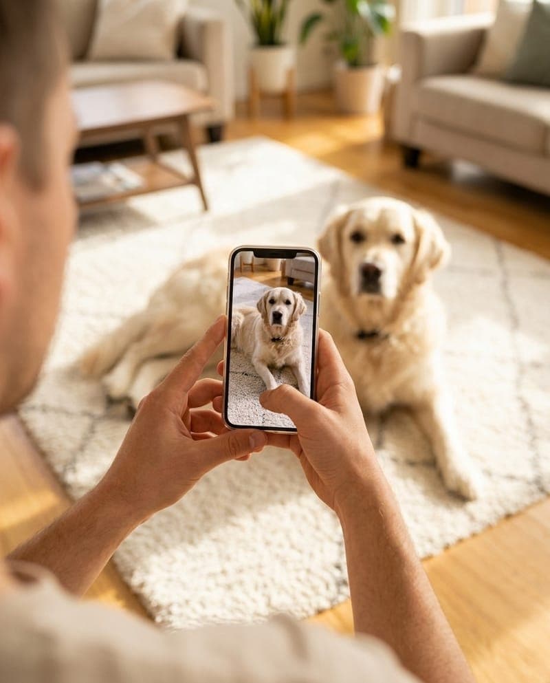 Hands photographing a golden retriever with a phone
