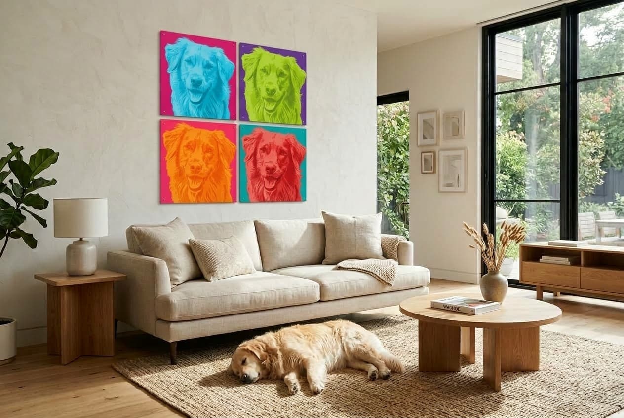 Photo Tiles wall gallery above living room sofa