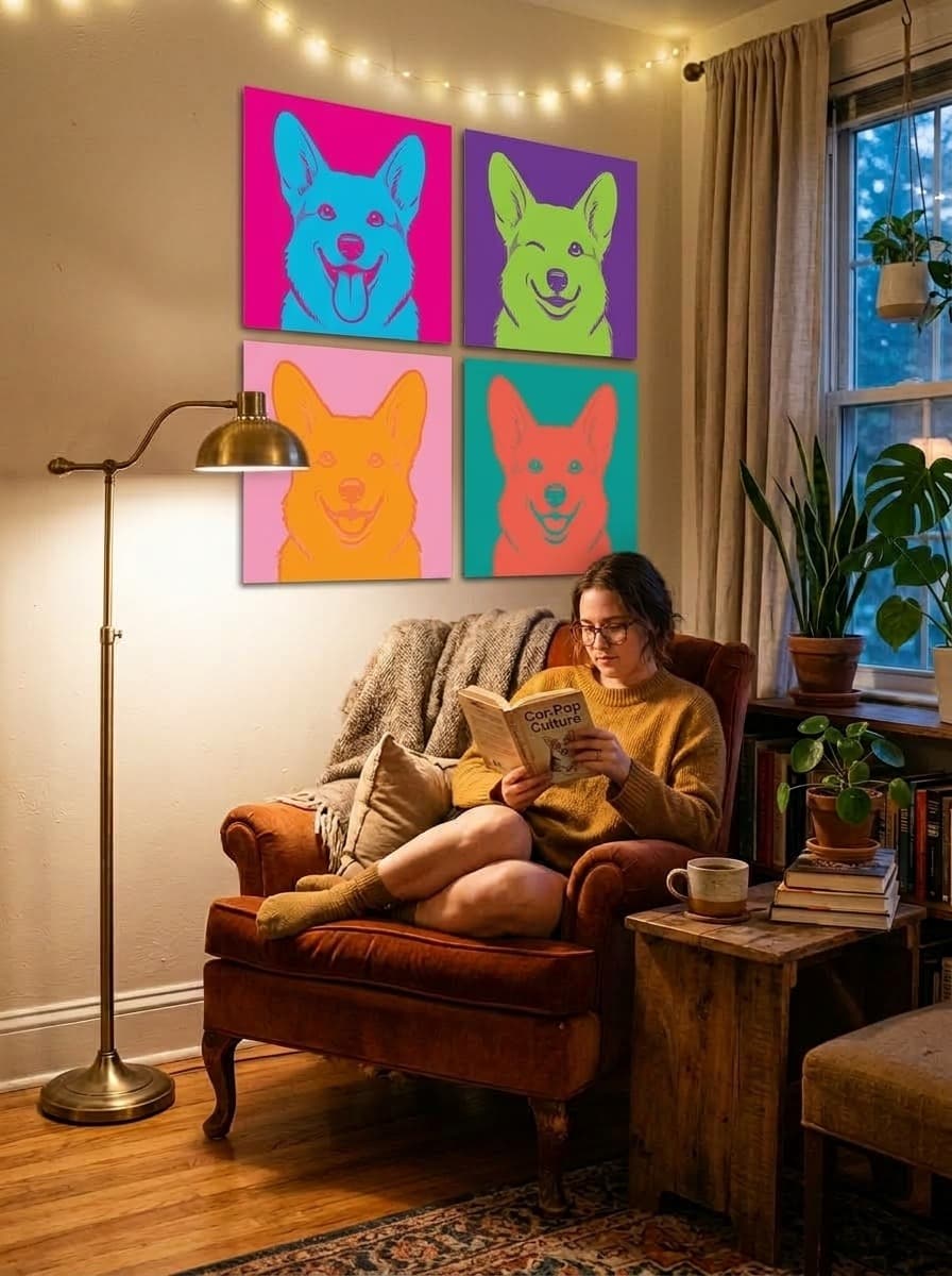 Cozy reading corner with 4 corgi pop art tiles