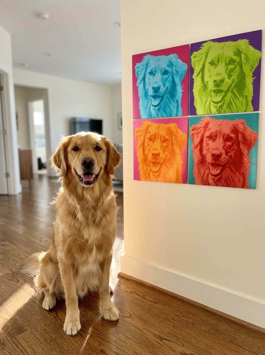 Golden retriever looking at finished pop art